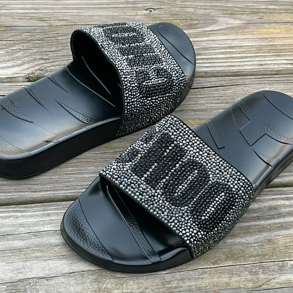 Jimmy Choo Slide Sandal Logo Crystal-Studded Rubber upper Flat Platform Italy 39 - Picture 3 of 12